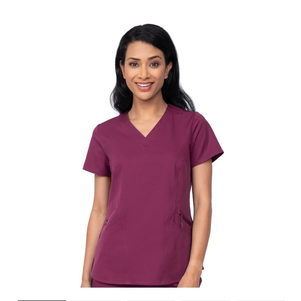 Ava Therese Women's Wine 1084 Scrub Size XS V-neck Zippered Pockets Short Sleeve